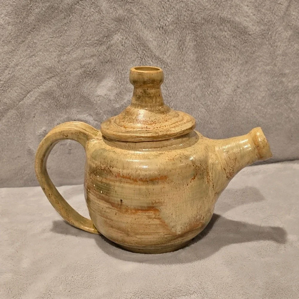 Vintage 1972‎ Moore Signed Studio Pottery Teapot Tan Brown Glazed Stoneware MCM